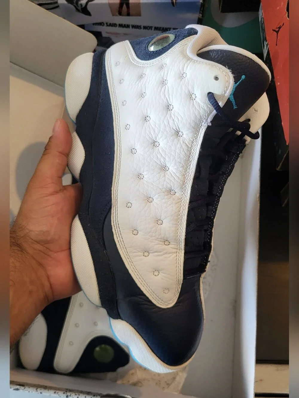 White and Navy Retro Basketball Sneakers with Teal Accents